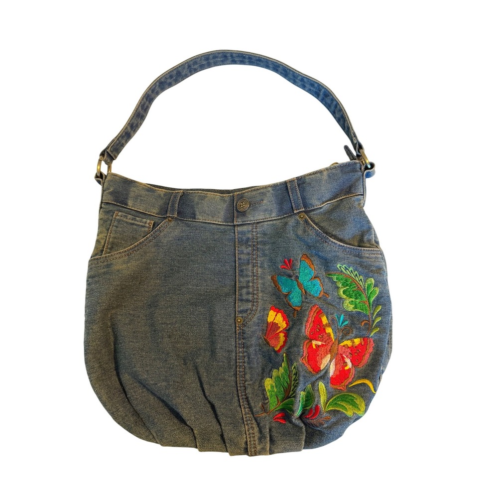 Patricia Nash Hobo Bag Womens Medium Blue Denim Excellent Butterfly Embroidered